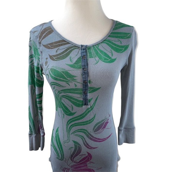 Anthropologie Language Blue Print Henley Long Cotton 3/4 Sleeve Knit Top T-shirt - Picture 5 of 10